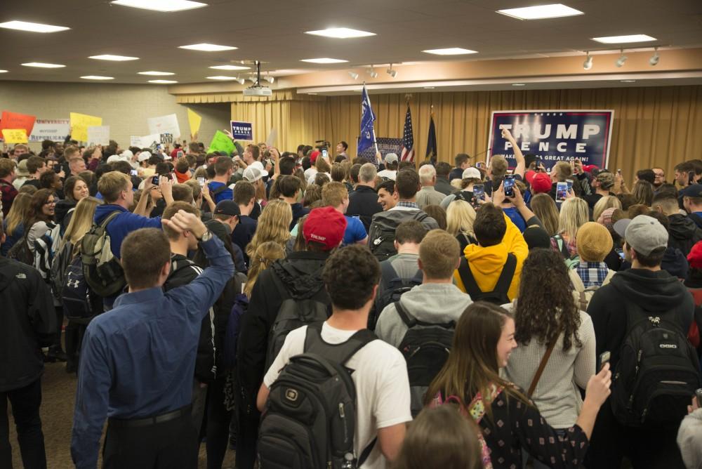 GVL / Luke Holmes - Students gather around to see the speech. Donald Trump Jr. came to speak in the Grand Riveer Room on Wednesday, Nov. 2, 2016.