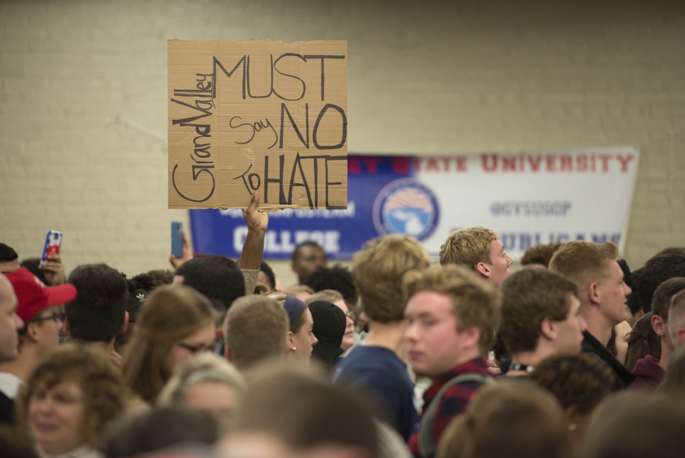 GVL / Luke Holmes - Protesters gather before the speech starts. Donald Trump Jr. came to speak in the Grand Riveer Room on Wednesday, Nov. 2, 2016.