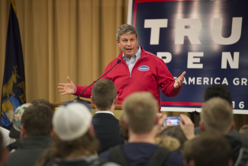 GVL / Luke Holmes - Bill Huizenga speaks before Trump Jr. comes to the stage. Donald Trump Jr. came to speak in the Grand Riveer Room on Wednesday, Nov. 2, 2016.