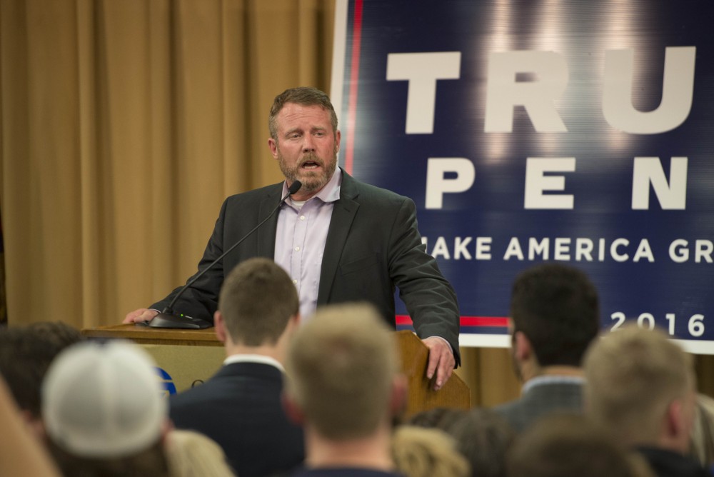 GVL / Luke Holmes - Mark Geist speaks before Trump Jr. comes to the stage. Donald Trump Jr. came to speak in the Grand Riveer Room on Wednesday, Nov. 2, 2016.