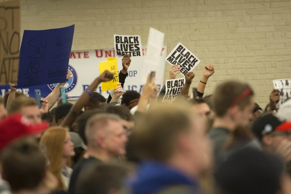 GVL / Luke Holmes - Protesters gather during the speech. Donald Trump Jr. came to speak in the Grand Riveer Room on Wednesday, Nov. 2, 2016.