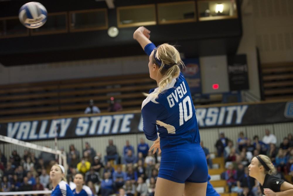 GVL / Luke Holmes - Madilyn Keller (10) hits the ball over the net. GVSU volleyball defeated Northwood in three games in the Fieldhouse Arena on Friday, Nov. 11, 2016.