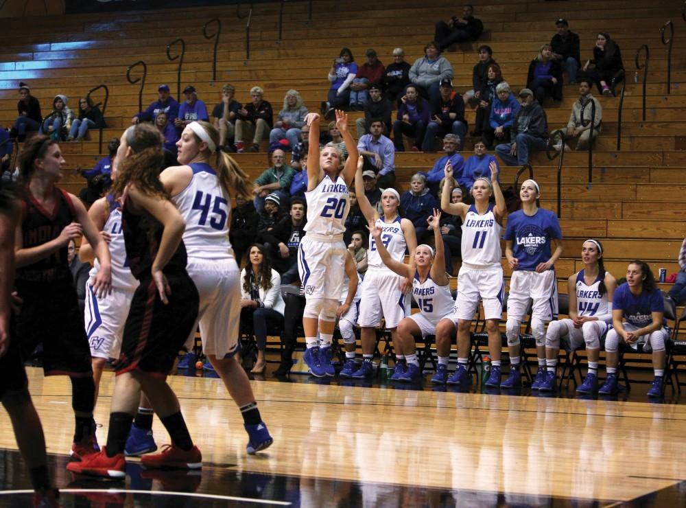 GVL/Emily Frye - Janae Langs (20) shoots a three pointer to keep the Lakers lead against Indiana University on Thursday, Nov. 19, 2015.