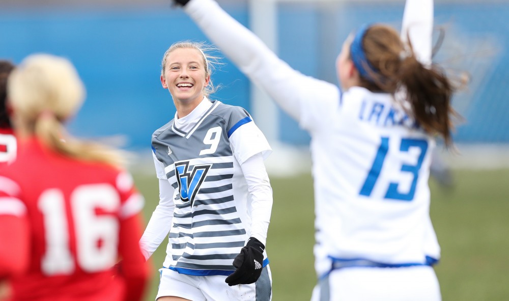 GVL/Kevin Sielaff - Madz Ham (9) reacts to the first goal of the game scored by Marti Corby (13) during the game versus Central Missouri on Sunday, Nov. 20, 2016 in Allendale.