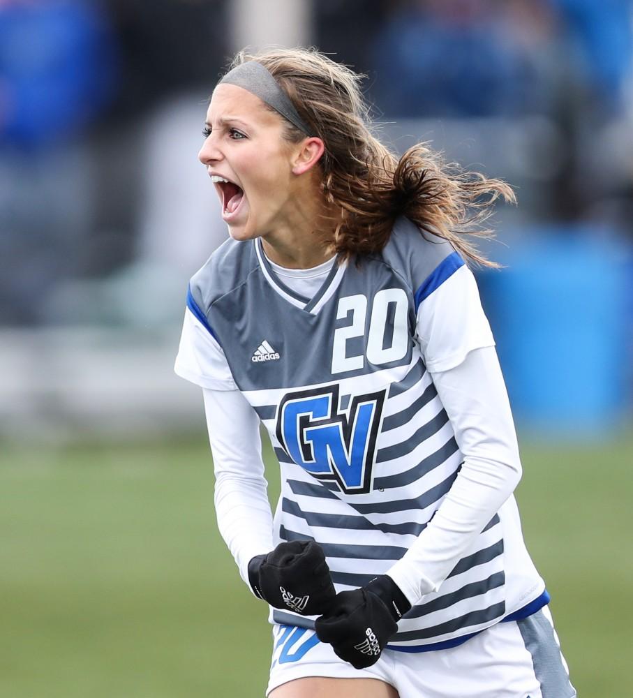 GVL/Kevin Sielaff - Gabriella Mencotti (20) reacts to her goal which put the Lakers up 2-0 during the game versus Central Missouri on Sunday, Nov. 20, 2016 in Allendale.