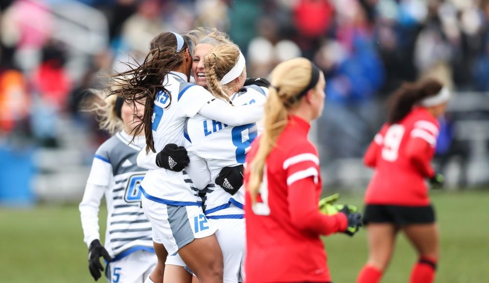 GVL/Kevin Sielaff - Gabriella Mencotti (20) and company celebrate her goal during the game versus Central Missouri on Sunday, Nov. 20, 2016 in Allendale.