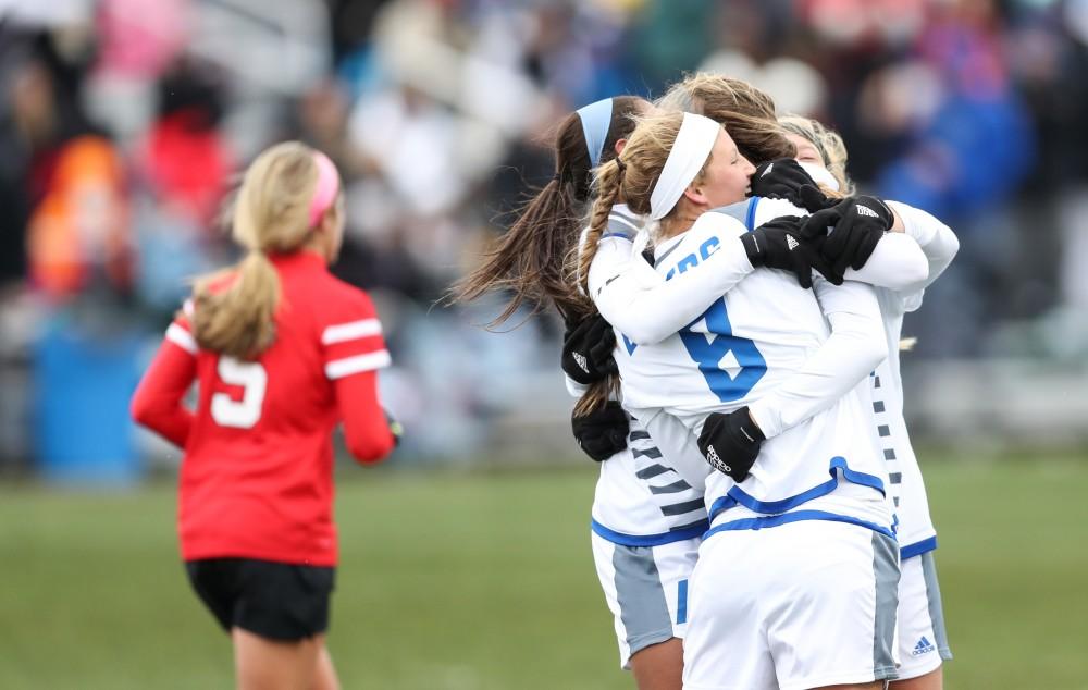 GVL/Kevin Sielaff - Gabriella Mencotti (20) and company celebrate her goal during the game versus Central Missouri on Sunday, Nov. 20, 2016 in Allendale.