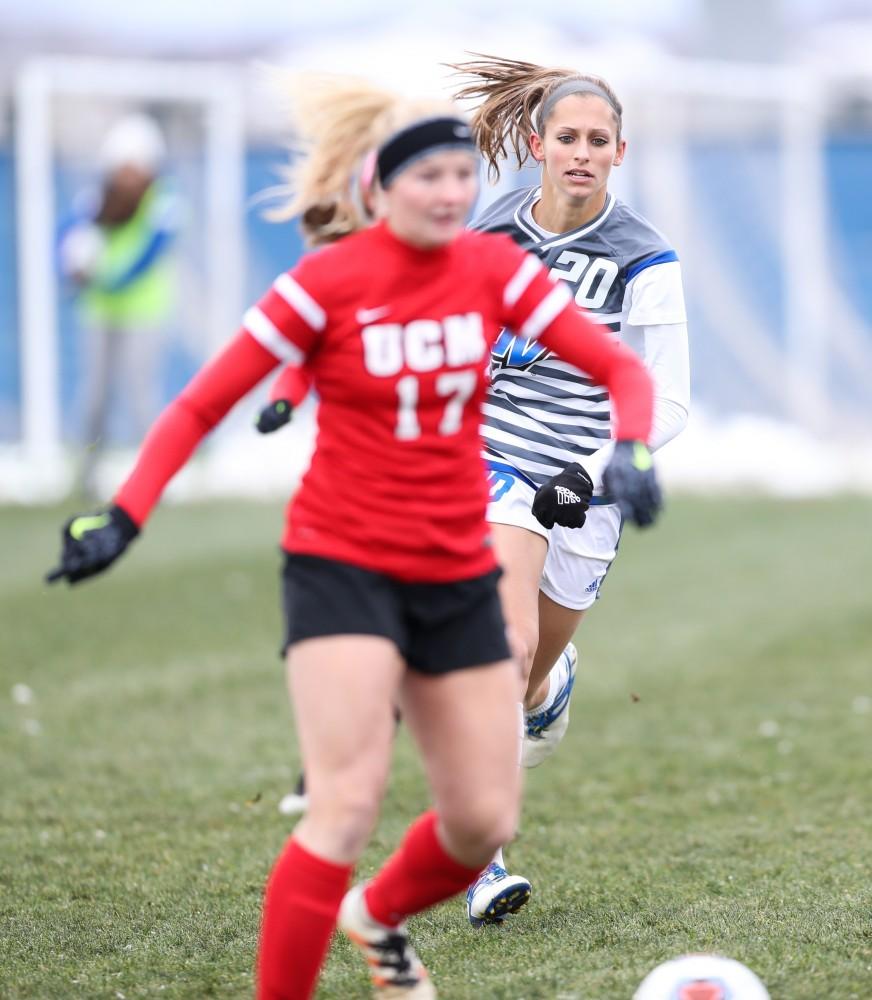 GVL/Kevin Sielaff - Gabriella Mencotti (20) chases the ball down in Central Missouri's zone during the game versus Central Missouri on Sunday, Nov. 20, 2016 in Allendale.