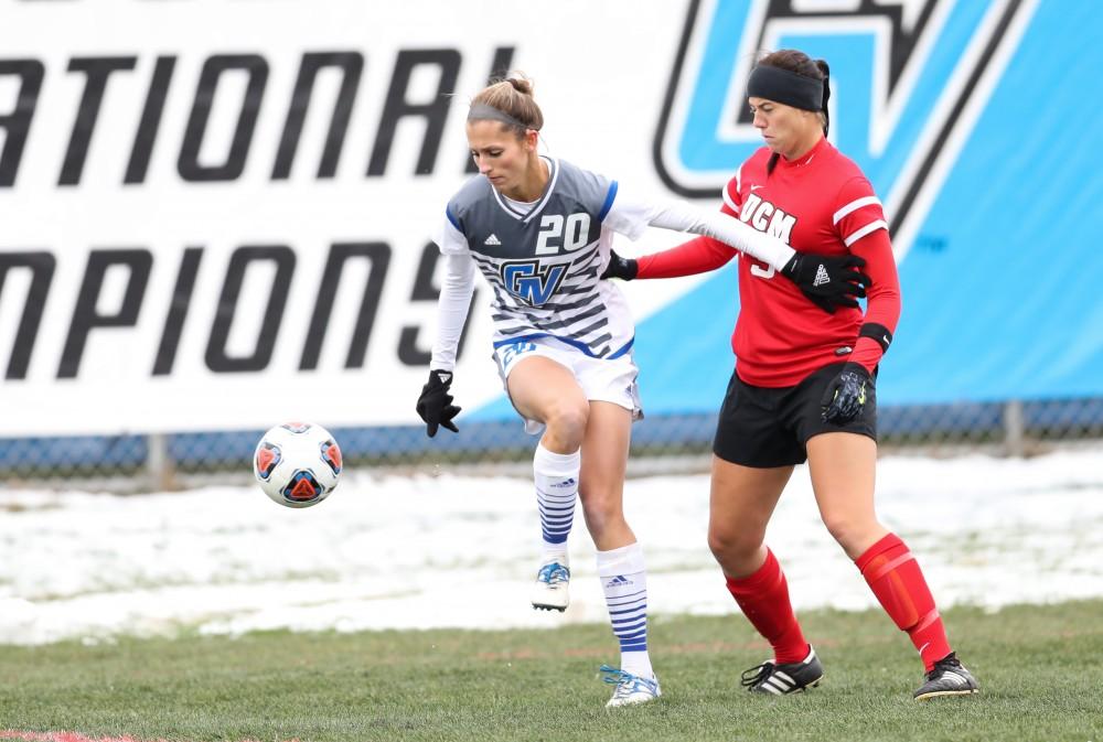 GVL/Kevin Sielaff - Gabriella Mencotti (20) handles the ball as she looks to pass during the game versus Central Missouri on Sunday, Nov. 20, 2016 in Allendale.