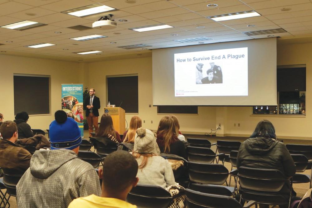 GVL/Sara Carte - Eric Paul Leue presents “How to Survive End A Plague” for World AIDS day in the Kirkhof building on Tuesday, Dec. 1, 2015. 