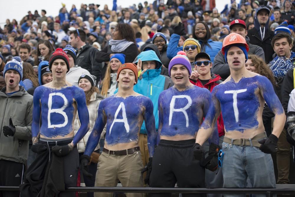 GVL / Luke Holmes - Brave fans go shirtless to represent the quarterback, Bart Williams. GVSU lost to Ferris State in Lubbers Stadium on Saturday, Dec. 3, 2016.