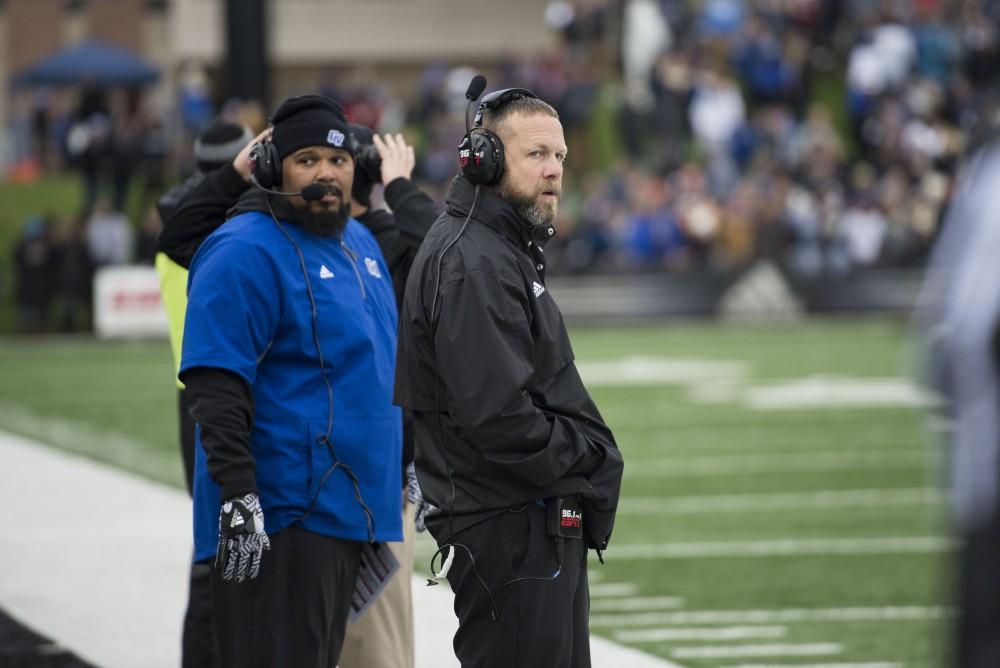 GVL / Luke Holmes - Matt Mitchell looks on toward the play from the sideline. GVSU lost to Ferris State in Lubbers Stadium on Saturday, Dec. 3, 2016.