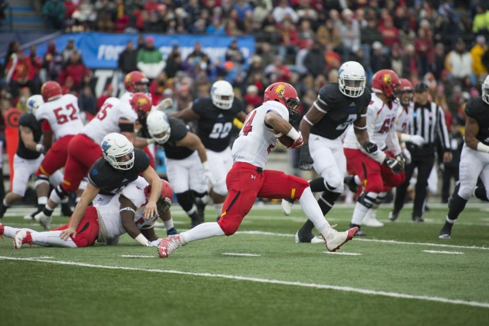 GVL / Luke Holmes - A Ferris State running back advances the ball. GVSU lost to Ferris State in Lubbers Stadium on Saturday, Dec. 3, 2016.