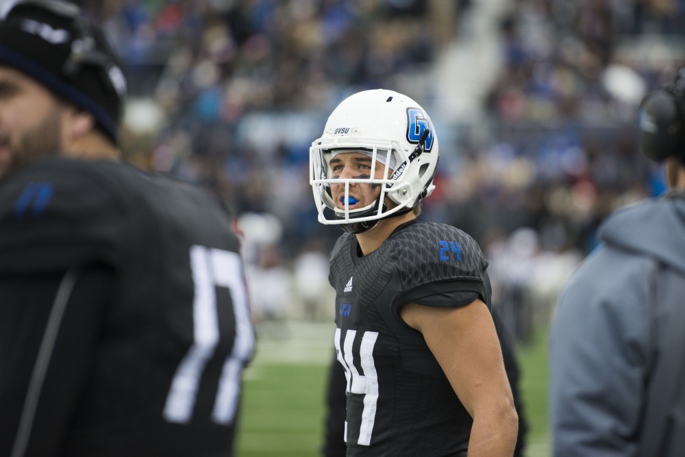 GVL / Luke Holmes - Matt Williams (24) looks up to the scoreboard. GVSU lost to Ferris State in Lubbers Stadium on Saturday, Dec. 3, 2016.