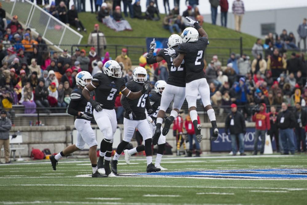 GVL / Luke Holmes - The team celebrates after making the play. GVSU lost to Ferris State in Lubbers Stadium on Saturday, Dec. 3, 2016.