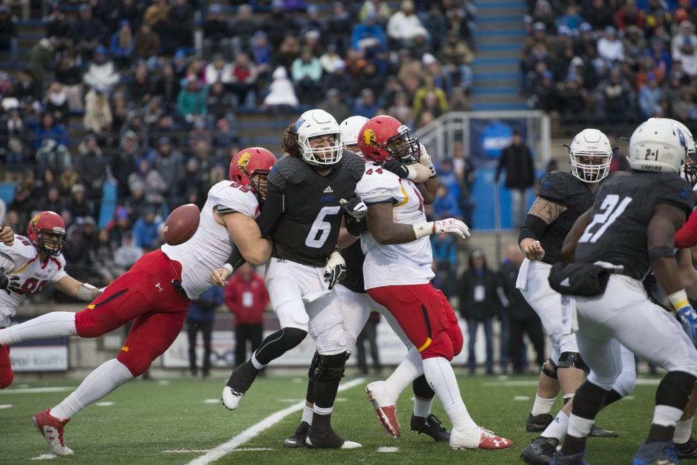 GVL / Luke Holmes - Bart Williams (6) gets sacked from behind. GVSU lost to Ferris State in Lubbers Stadium on Saturday, Dec. 3, 2016.