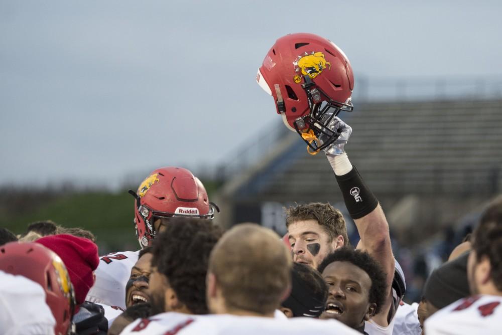 GVL / Luke Holmes - Ferris State huddles together after their victory. GVSU lost to Ferris State in Lubbers Stadium on Saturday, Dec. 3, 2016.