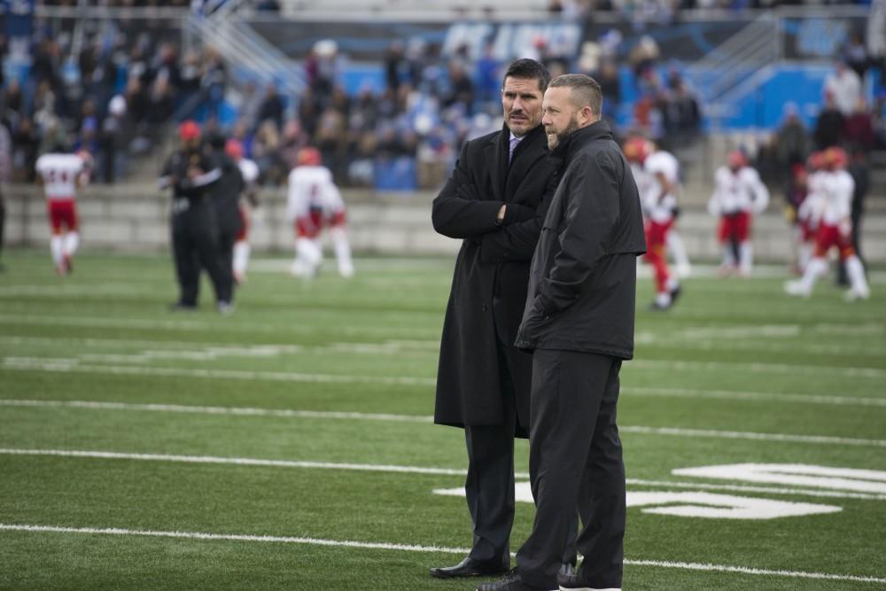 GVL / Luke Holmes - Matt Mitchell watches his players warm up. GVSU lost to Ferris State in Lubbers Stadium on Saturday, Dec. 3, 2016.