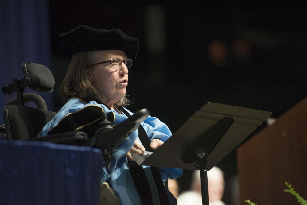 GVL / Luke Holmes - Kate Pew Wolters gives her speech. GVSU commencement was held in Van Andel Arena on Saturday, Dec. 10, 2016.