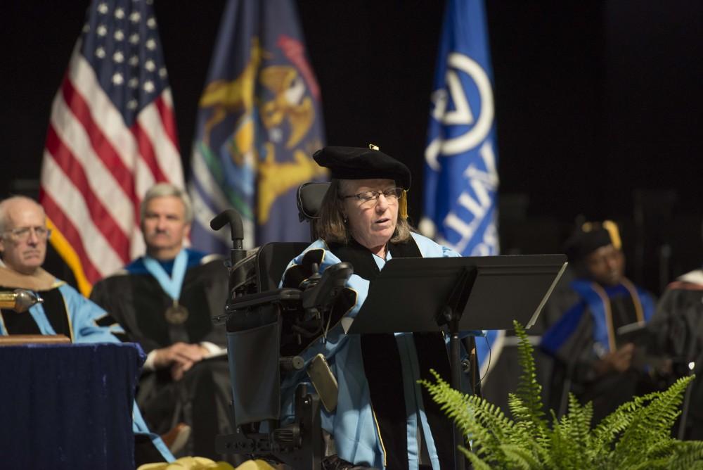 GVL / Luke Holmes - Kate Pew Wolters gives her speech. GVSU commencement was held in Van Andel Arena on Saturday, Dec. 10, 2016.