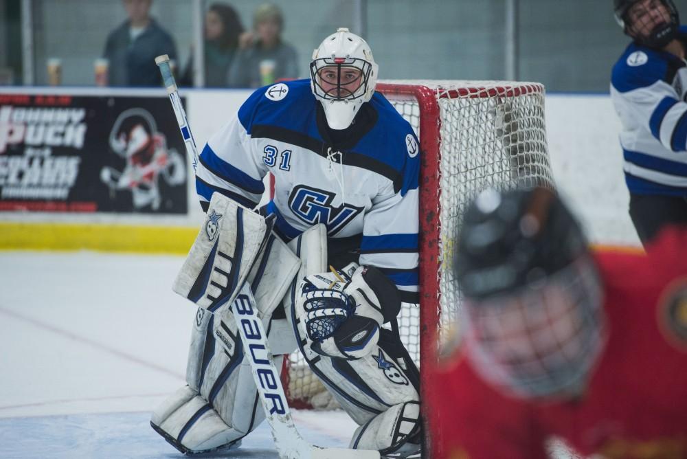 GVL / Luke Holmes - Jared Maddock (31) pays close attention to the play. GVSU Men’s D2 Hockey defeated Ferris State University with a score of 8-1 on Saturday, Oct. 16, 2016.