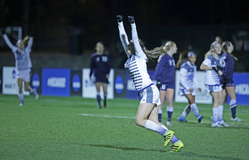 GVL / Emily Frye 
Marti Corby celebrates her second goal of the semi final game on Thursday Dec. 1, 2016. 