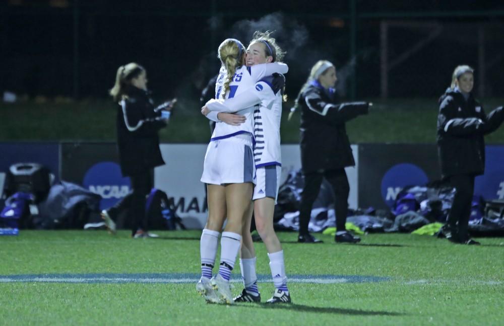 GVL / Emily Frye
Erika Bradfield and Shannon Quinn celebrate the Laker win over Colombus State during the semi final round on Thursday Dec. 1, 2016. 