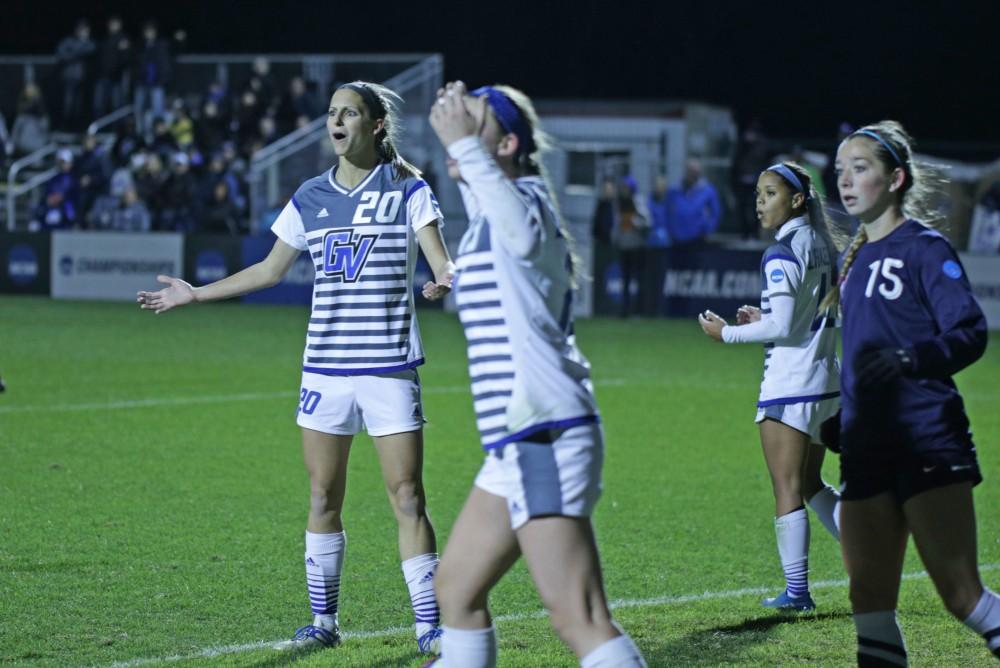 GVL / Emily Frye
Gabriella Mencotti, Marti Corby, and Jayma Martin question a call against the Lakers during the semi final round on Thursday Dec. 1, 2016. 