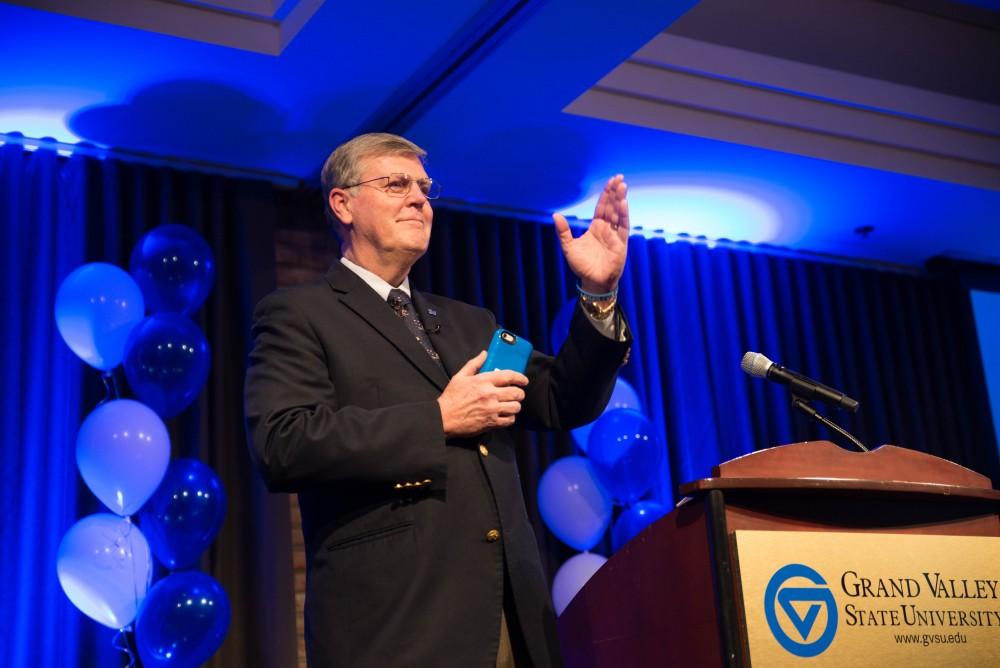 GVL / Luke Holmes - T. Haas gives his speech. Students celebrate a "Toast with T. Haas" in the Eberhard Center on Thursday, Dec. 8, 2016.