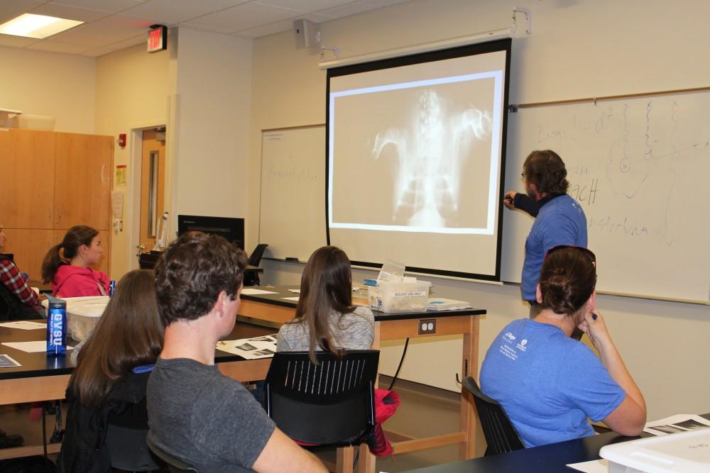 GVL/Christina Miller - West Michigan Pre-Vet Symposium 2016; Dr. Greg Fraley in the radiology lab on Saturday, Nov. 12, 2016, where students learned about radiographs.