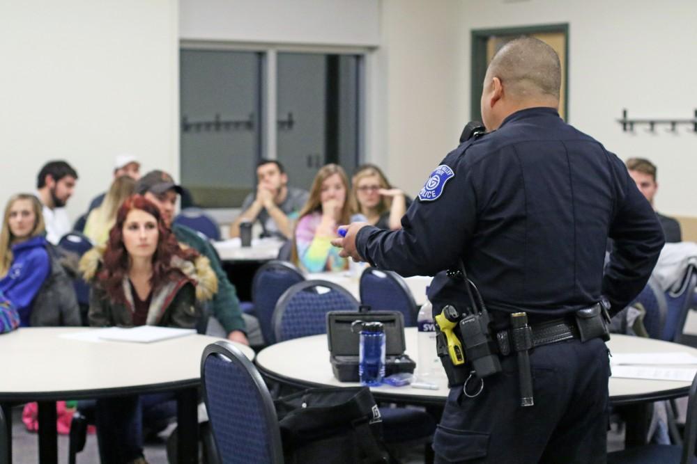 GVL / Emily Frye      
Grand Valley's Officer Min teaches a group of students about being safe with substances on Wednesday Jan. 25, 2016.