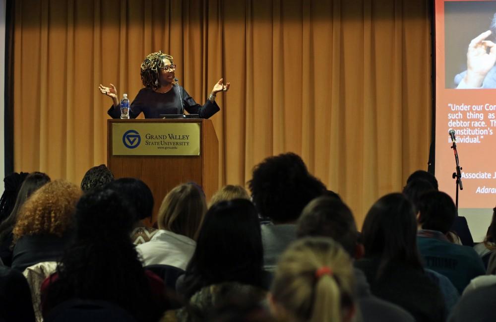 GVL/Meghan McBrady - Kimberle Crenshaw, professor of law at UCLA and Colubmia Law School, speaks to the crowd gathered inside Kirkhofs Grand River Room on Wednesday, Jan. 18, 2017. 