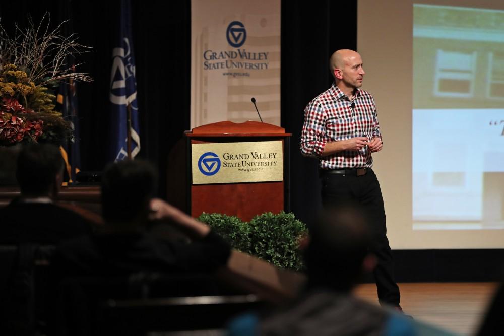 GVL/Kevin Sielaff - Ryan Armbruster, vice president of innovation, research and development at Optum, speaks during the Design Thinking Initiative event at Grand Valley's Loosemore Auditorium on Friday, Jan. 23, 2017. 