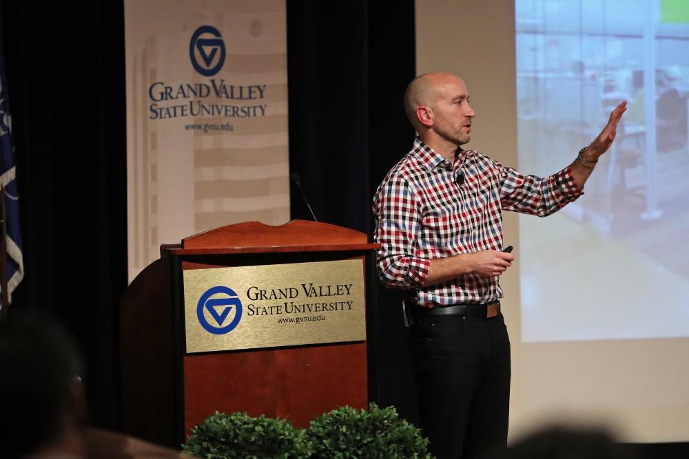 GVL/Kevin Sielaff - Ryan Armbruster, vice president of innovation, research and development at Optum, speaks during the Design Thinking Initiative event at Grand Valley's Loosemore Auditorium on Friday, Jan. 23, 2017. 