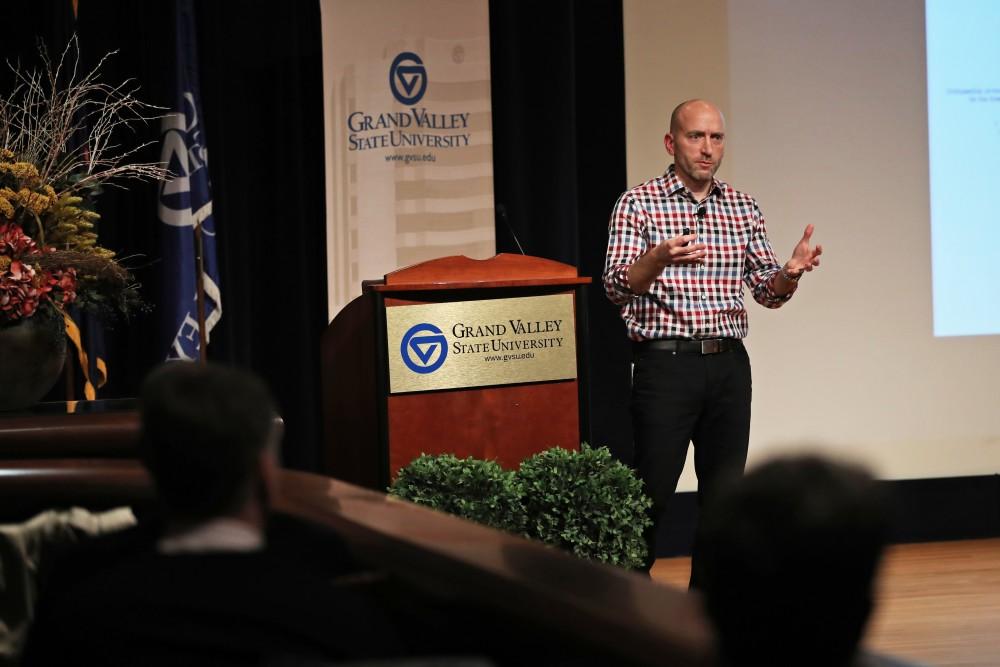 GVL/Kevin Sielaff - Ryan Armbruster, vice president of innovation, research and development at Optum, speaks during the Design Thinking Initiative event at Grand Valley's Loosemore Auditorium on Friday, Jan. 23, 2017. 