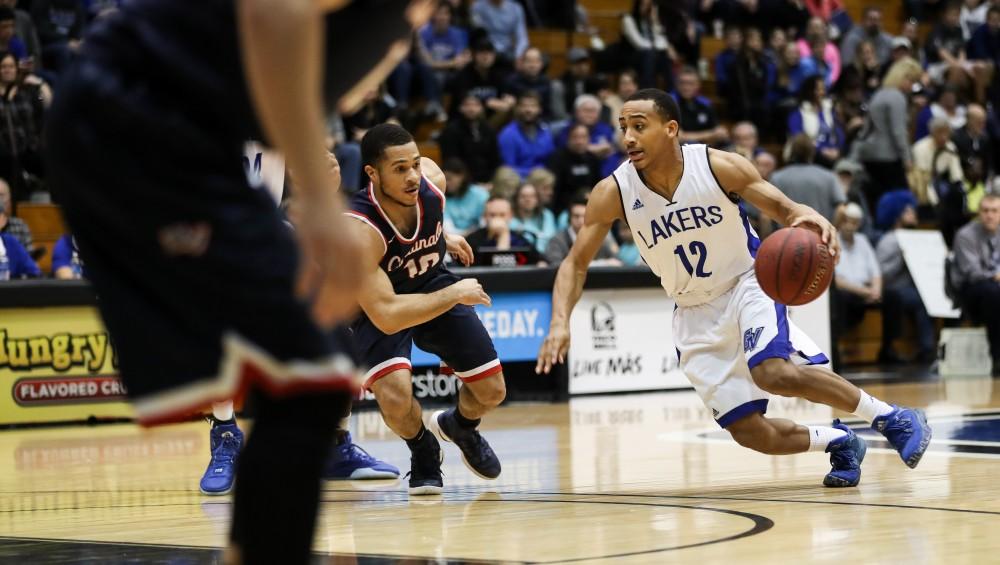 GVL/Kevin Sielaff - Myles Miller (12) drives down the lane during the game inside the Fieldhouse Arena as Grand Valley squares off against SVSU on Saturday, Jan. 21, 2017. The Lakers took the victory with a final score of 80-71.