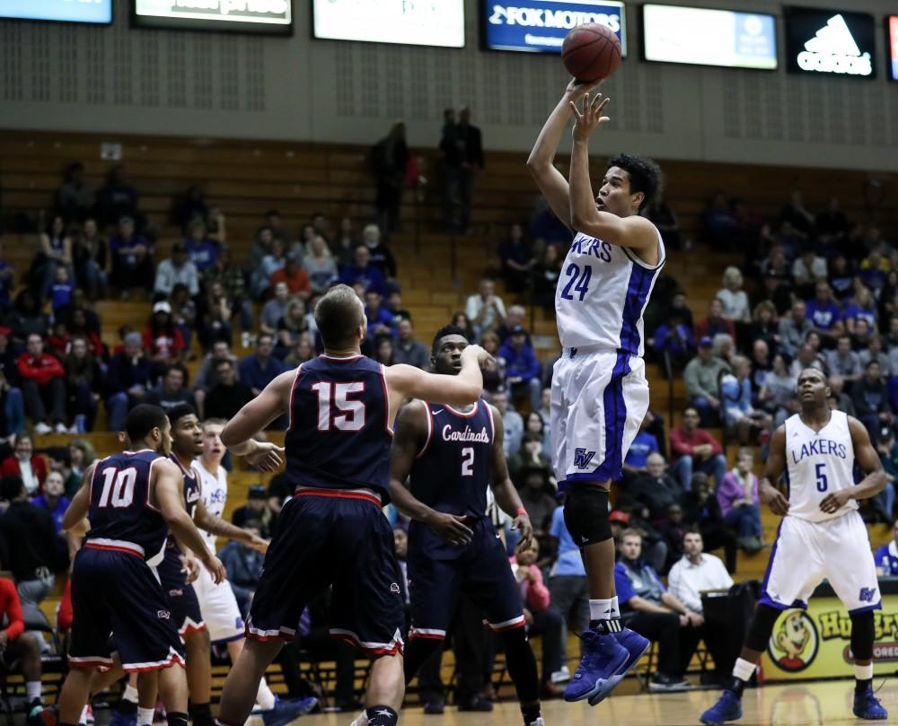 GVL/Kevin Sielaff - Justin Greason (24) steps up for a short range jumper during the game inside the Fieldhouse Arena as Grand Valley squares off against SVSU on Saturday, Jan. 21, 2017. The Lakers took the victory with a final score of 80-71.