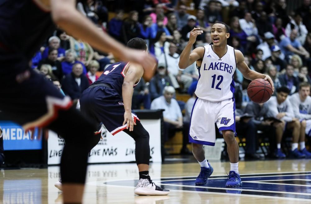 GVL/Kevin Sielaff - Myles Miller (12) calls out a play during the game inside the Fieldhouse Arena as Grand Valley squares off against SVSU on Saturday, Jan. 21, 2017. The Lakers took the victory with a final score of 80-71.