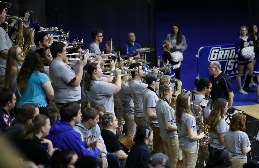 GVL/Kevin Sielaff - Grand Valley's basketball pep band plays during intermissions at the game inside the Fieldhouse Arena as Grand Valley squares off against SVSU on Saturday, Jan. 21, 2017. The Lakers took the victory with a final score of 80-71.