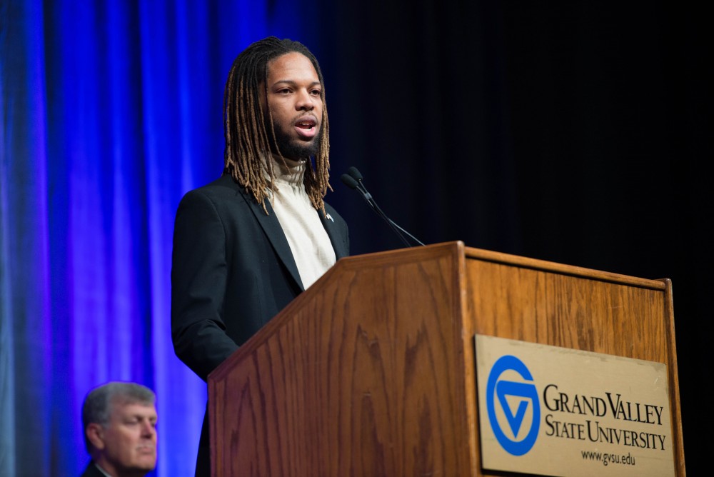 GVL / Luke Holmes - Brandon Fitzgerald introduces the keynote speaker in the Fieldhouse Arena on Martin Luther King Jr. Day.