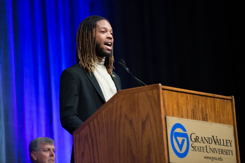 GVL / Luke Holmes - Brandon Fitzgerald introduces the keynote speaker in the Fieldhouse Arena on Martin Luther King Jr. Day.