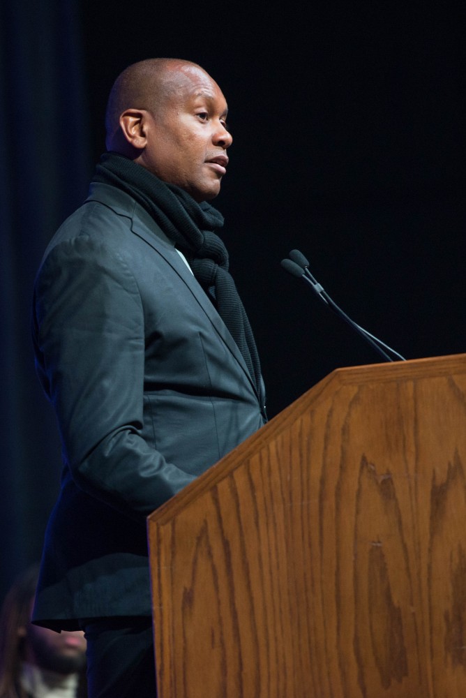 GVL / Luke Holmes - Kevin Powell speaks in the Fieldhouse Arena on Martin Luther King Jr. Day.