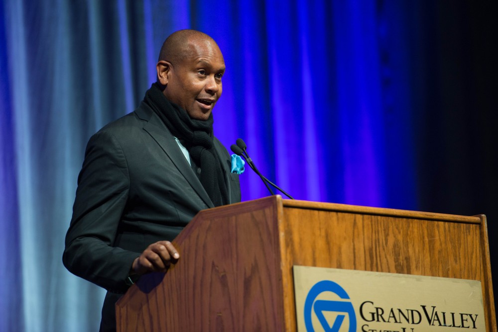 GVL / Luke Holmes - Kevin Powell speaks in the Fieldhouse Arena on Martin Luther King Jr. Day.