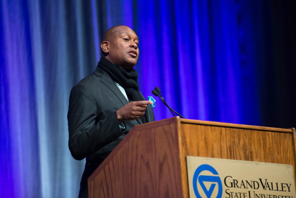 GVL / Luke Holmes - Kevin Powell speaks in the Fieldhouse Arena on Martin Luther King Jr. Day.