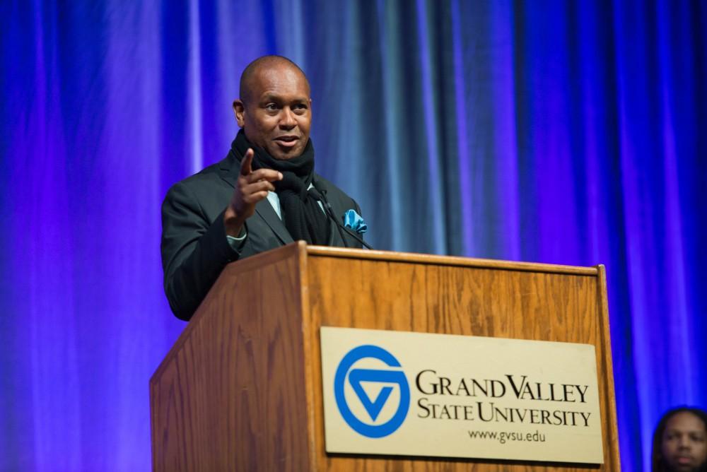 GVL / Luke Holmes - Kevin Powell speaks in the Fieldhouse Arena on Martin Luther King Jr. Day.