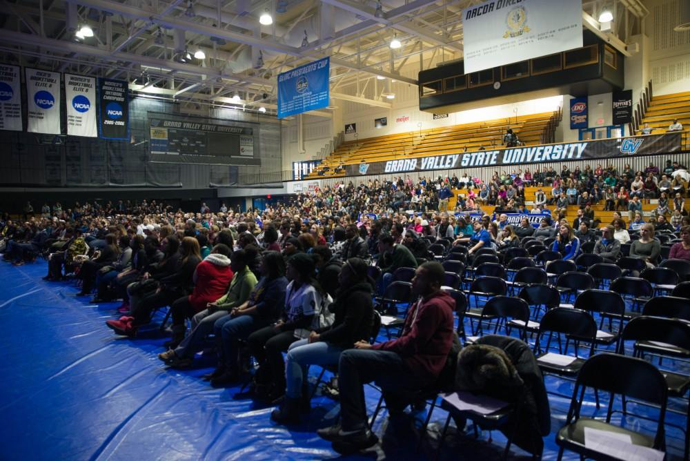 GVL / Luke Holmes - Kevin Powell speaks in the Fieldhouse Arena on Martin Luther King Jr. Day.