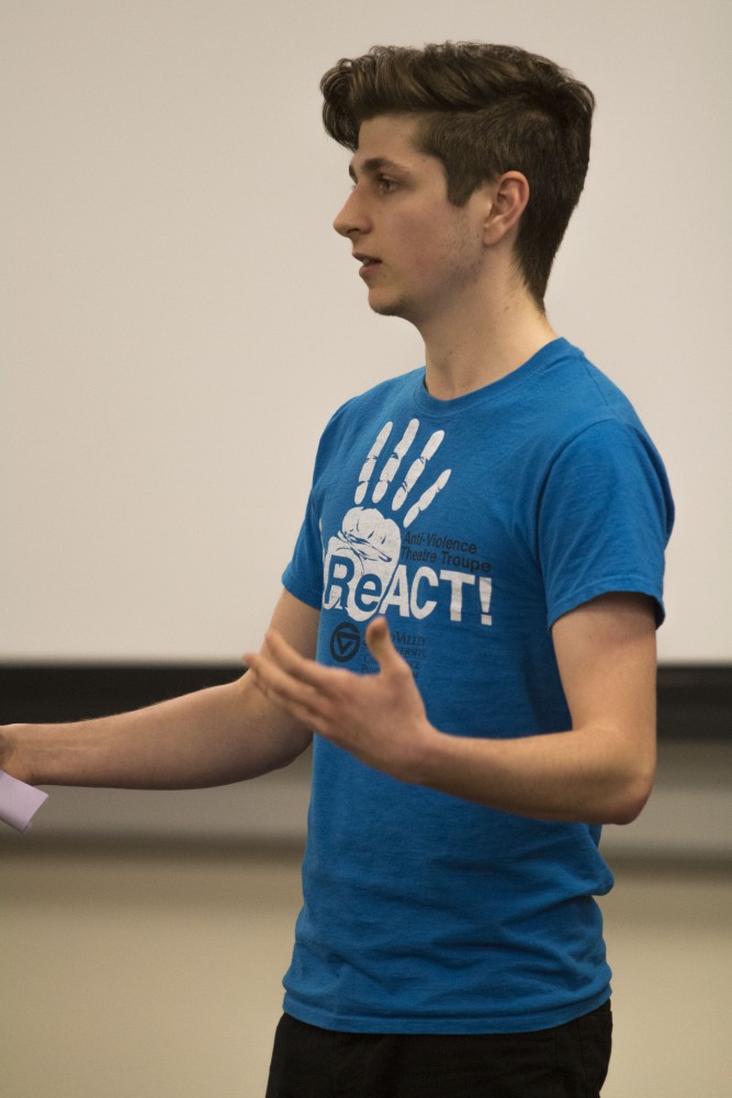 GVL/Mackenzie Bush - Jacob Molli leads an activity at the ReACT! Teach In Thursday, Jan. 19, 2017.