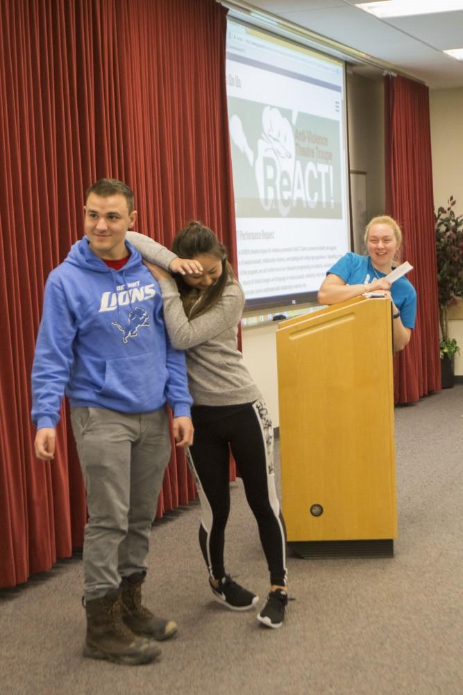 GVL/Mackenzie Bush - GVSU students perform a skit at the ReACT! Teach In Thursday, Jan. 19, 2017.