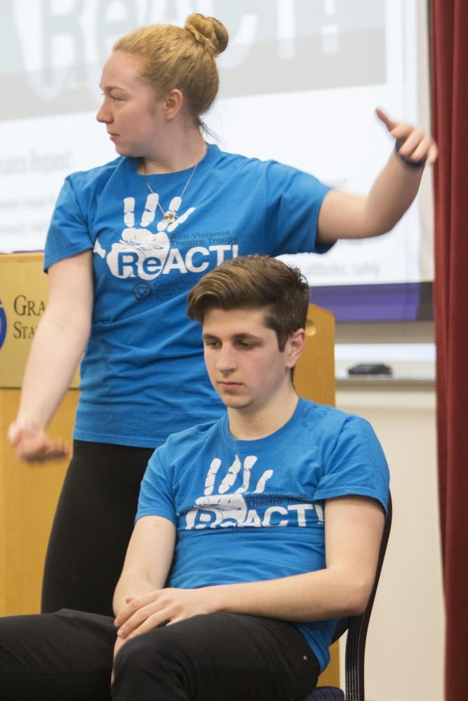 GVL/Mackenzie Bush - ReACT! members, Christa Wright and Jacob Molli, perform a skit at the ReACT! Teach In Thursday, Jan. 19, 2017.