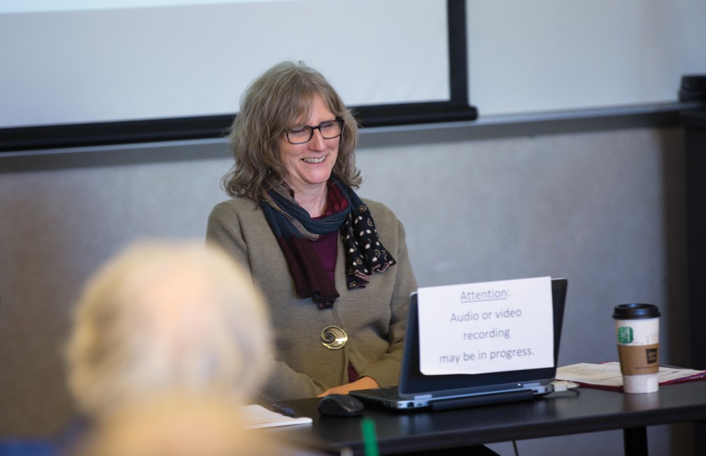 GVL / Kevin Sielaff - Karen Gipson, UAS chair, opens Friday's meeting. The University Academic Senate (UAS) convenes Friday, Jan. 29, 2016 inside the DeVos Center on Grand Valley's Pew Campus.